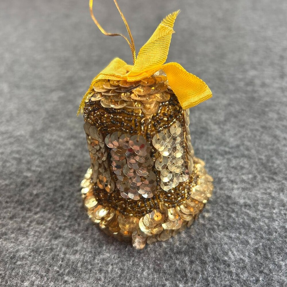 Sequin Christmas‎ Bell Ornament Vintage Holiday Decor 3" Tall Gold Hard Plastic